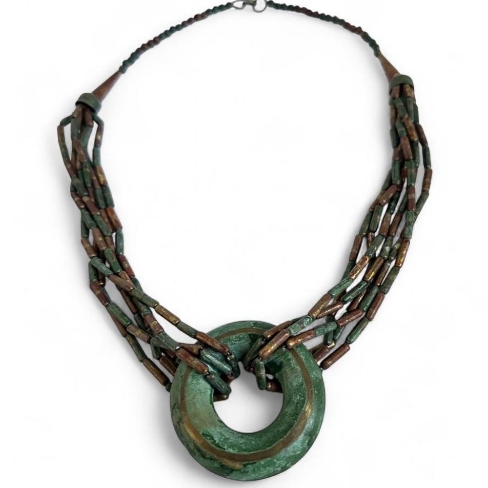 VTG 70’s Verdigris Tone Boho Multi-Strand Statement Bib Necklace-Earthy Tribal